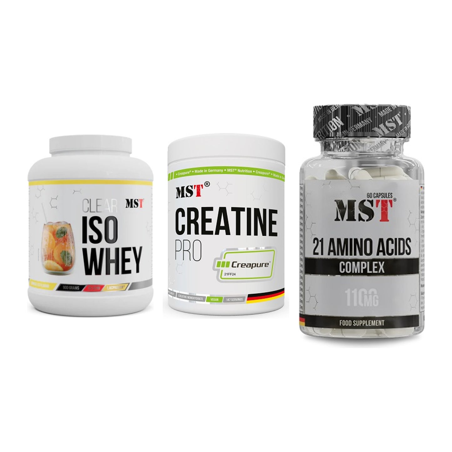 MST Marken-Trio: Iso Clear + Creatin Pro CREAPURE + 21 Amino Acids – alle enthaltenen Artikel