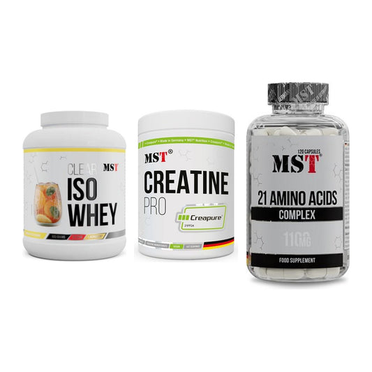 MST Marken-Trio: Iso Clear 900g + Creatin Pro + 21 Amino Acids – alle enthaltenen Artikel