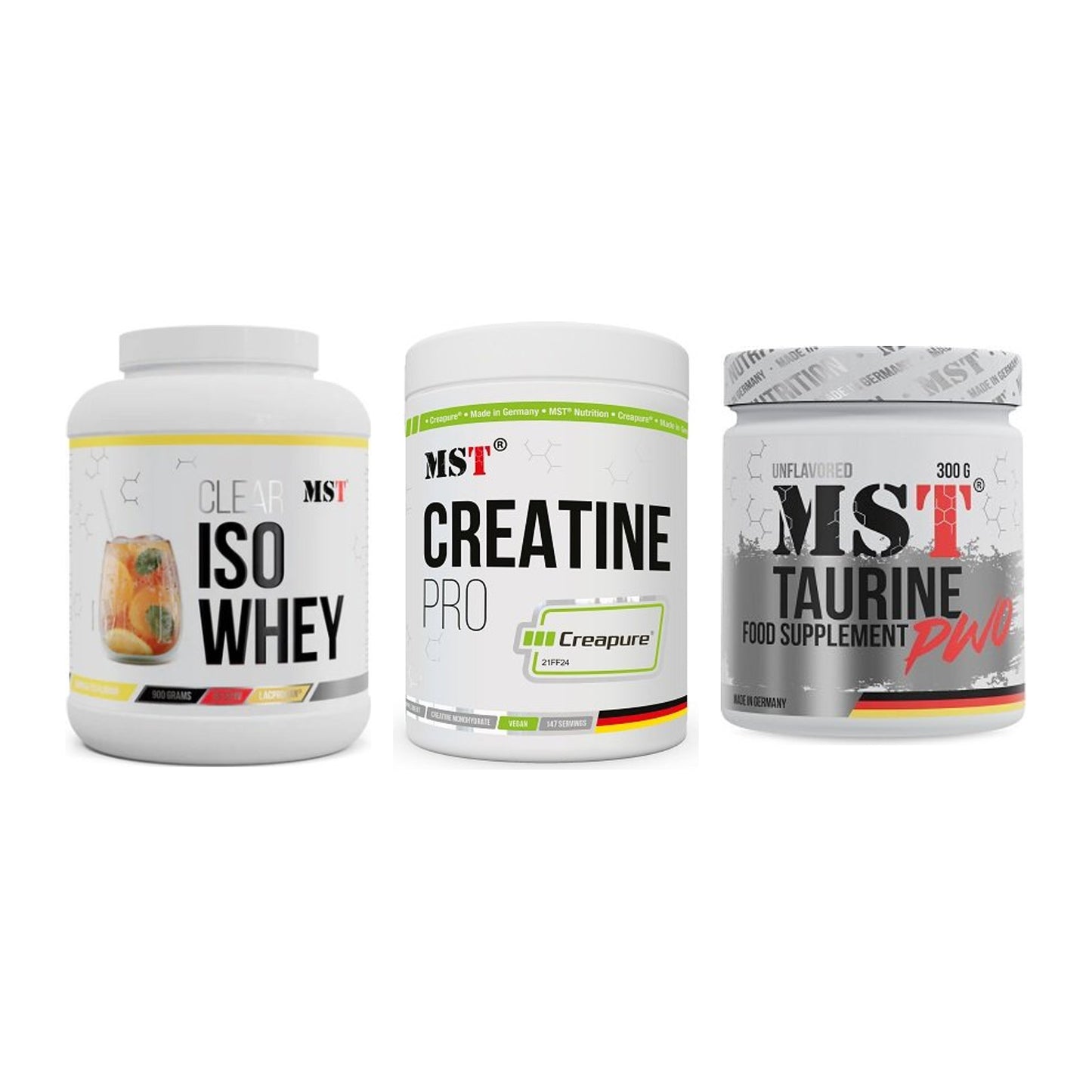 MST Marken-Trio: Iso Clear 900g + Creatin Pro + Taurine – alle enthaltenen Artikel