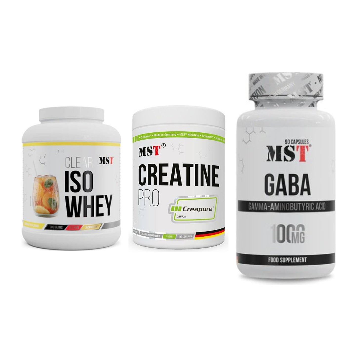MST Marken-Trio: Iso Clear 900g + Creatin Pro + GABA 1000mg – alle enthaltenen Artikel