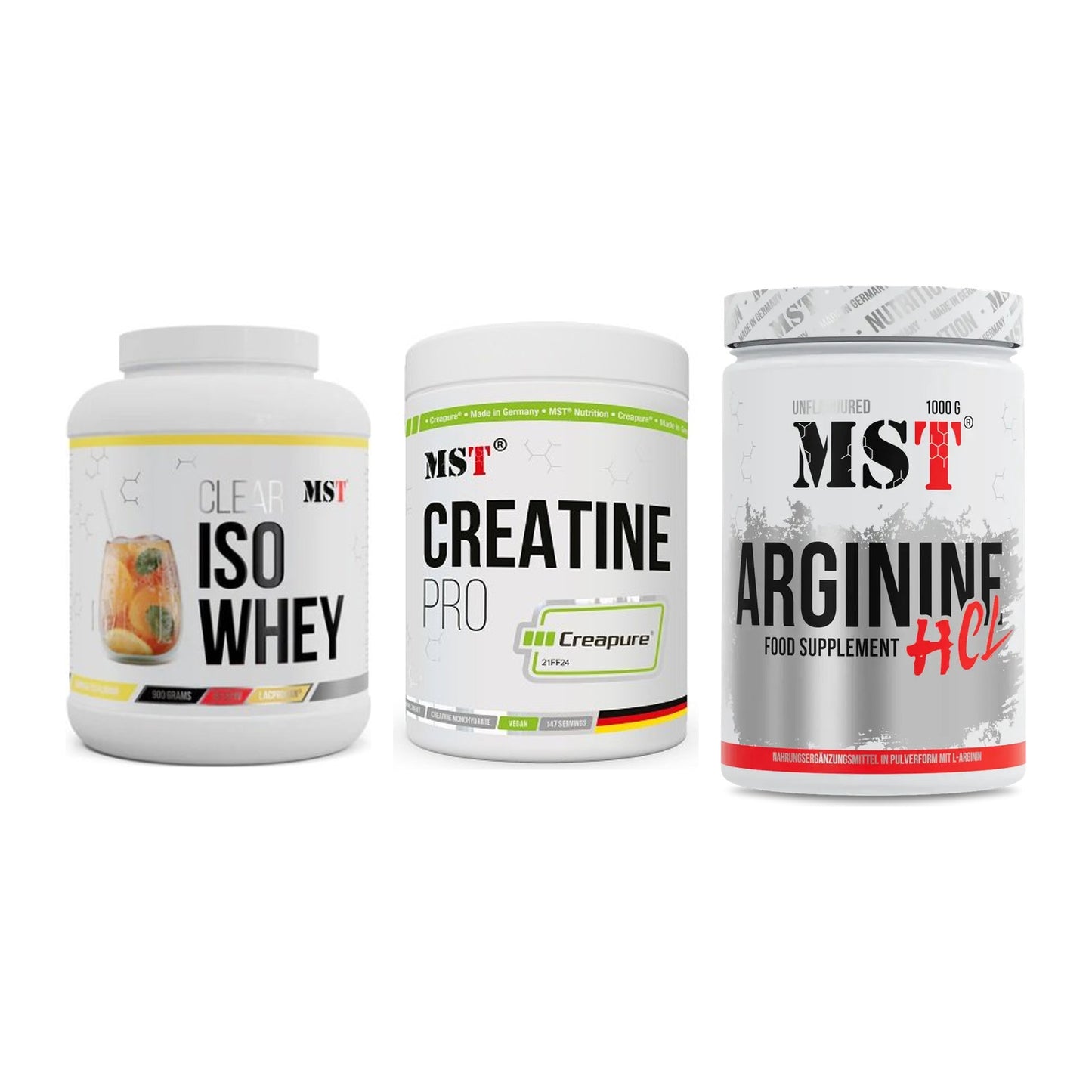 MST Marken-Trio: Iso Clear 900g + Creatin Pro + Arginine HCL – alle enthaltenen Artikel