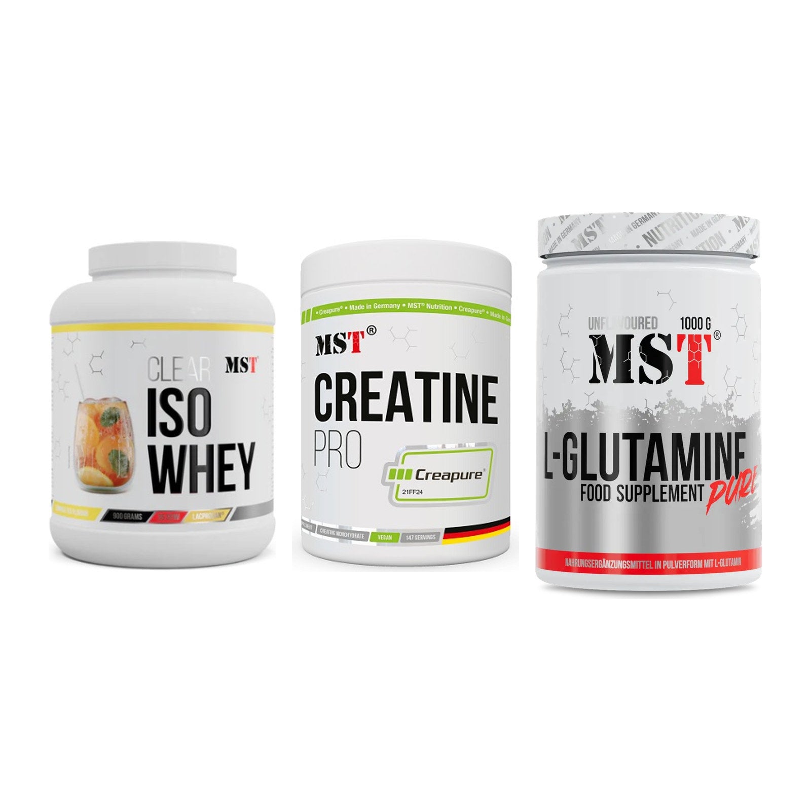 MST Marken-Trio: Iso Clear + Creatin Pro CREAPURE + Glutamine – alle enthaltenen Artikel