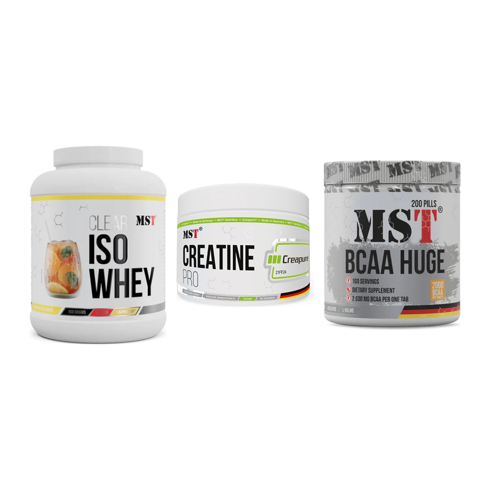 MST Marken-Trio: Iso Clear + Creatin Pro + BCAA Huge 200 – alle enthaltenen Artikel
