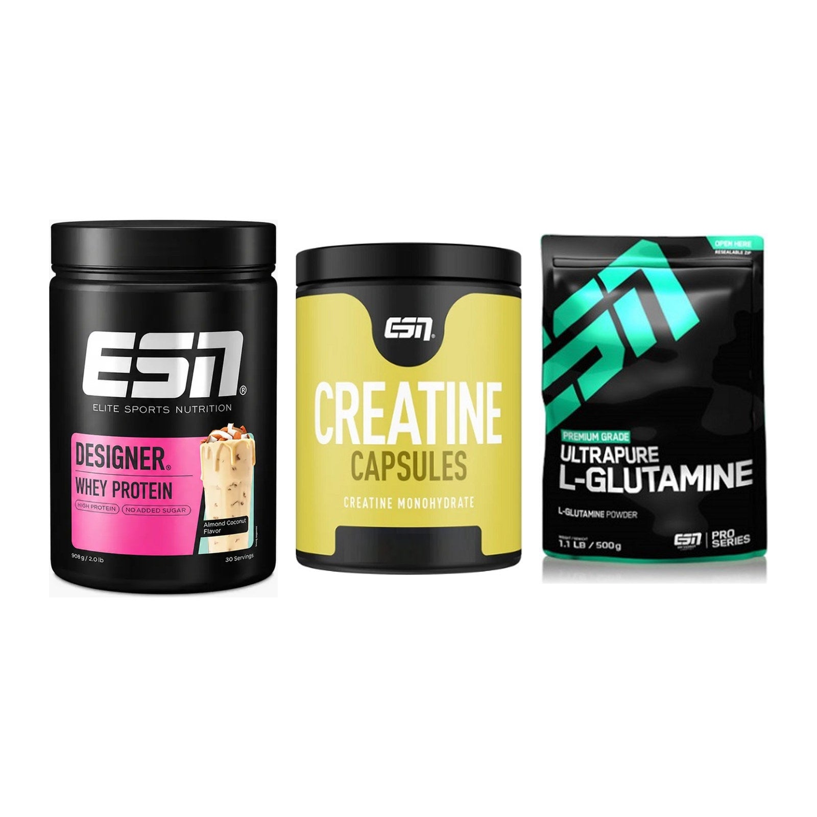 ESN Marken-Trio: Designer Whey + Ultrapure Creatine + 1 weitere – alle enthaltenen Artikel