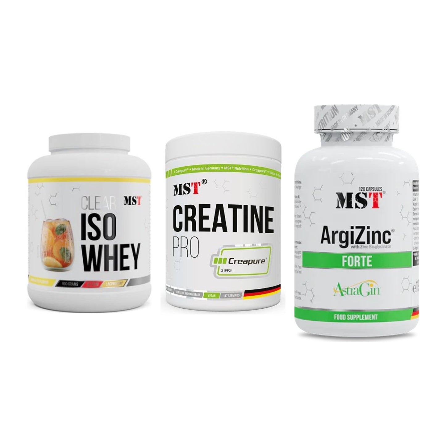 MST Marken-Trio: Iso Clear 900g + Creatin Pro + ArgiZinc Forte – alle enthaltenen Artikel