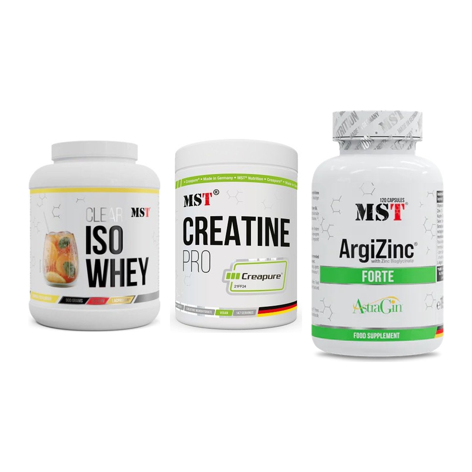 MST Marken-Trio: Iso Clear 900g + Creatin Pro + ArgiZinc Forte – alle enthaltenen Artikel