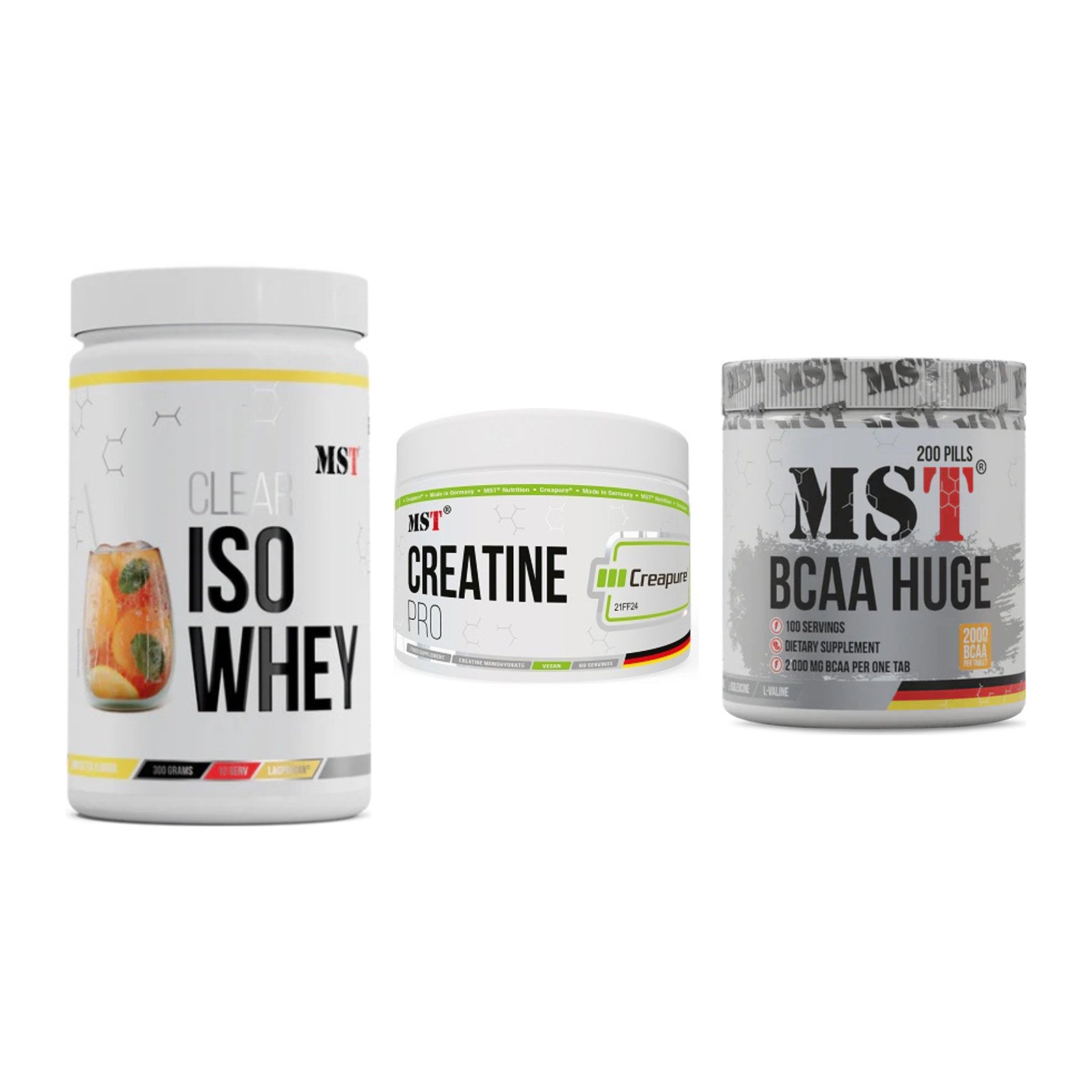 MST Marken-Trio: Iso Clear + Creatin Pro + BCAA Huge 200 – alle enthaltenen Artikel