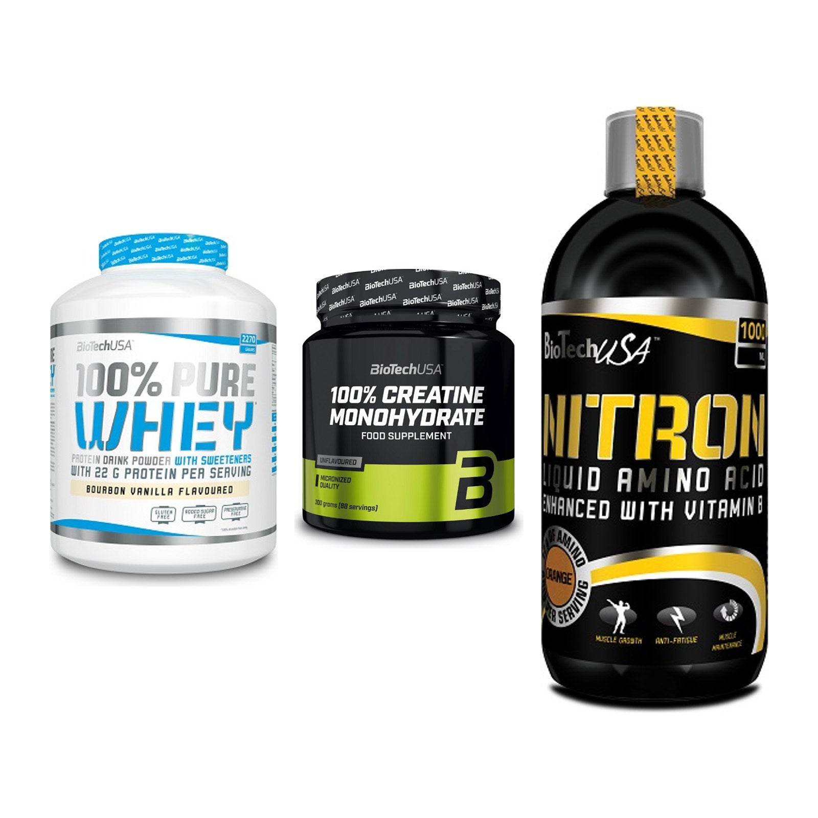 BioTech USA Marken-Trio: 100% Pure + Creatine + Liquid Amino – alle enthaltenen Artikel