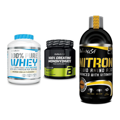 BioTech USA Marken-Trio: 100% Pure + Creatine + Liquid Amino – alle enthaltenen Artikel