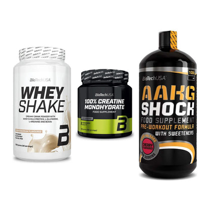 BioTech USA Marken-Trio: Whey Shake + Creatine + AAKG Shock – alle enthaltenen Artikel