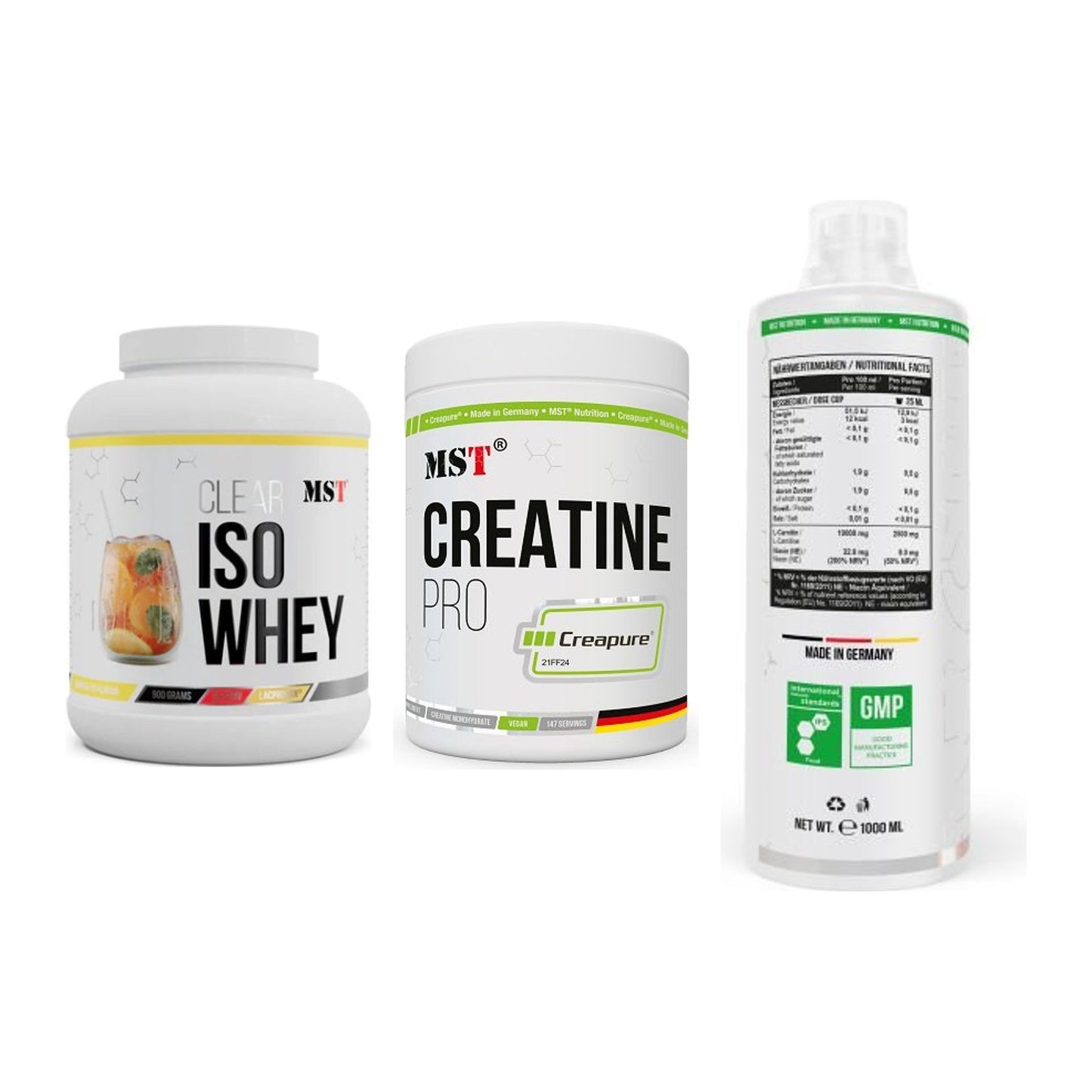 MST Marken-Trio: Iso Clear 900g + Creatin Pro + L-Carnitine – alle enthaltenen Artikel