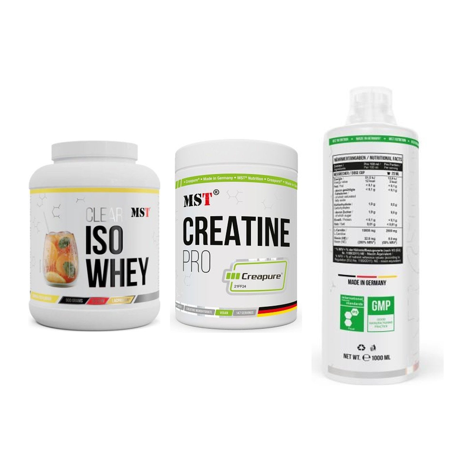 MST Marken-Trio: Iso Clear 900g + Creatin Pro + L-Carnitine – alle enthaltenen Artikel