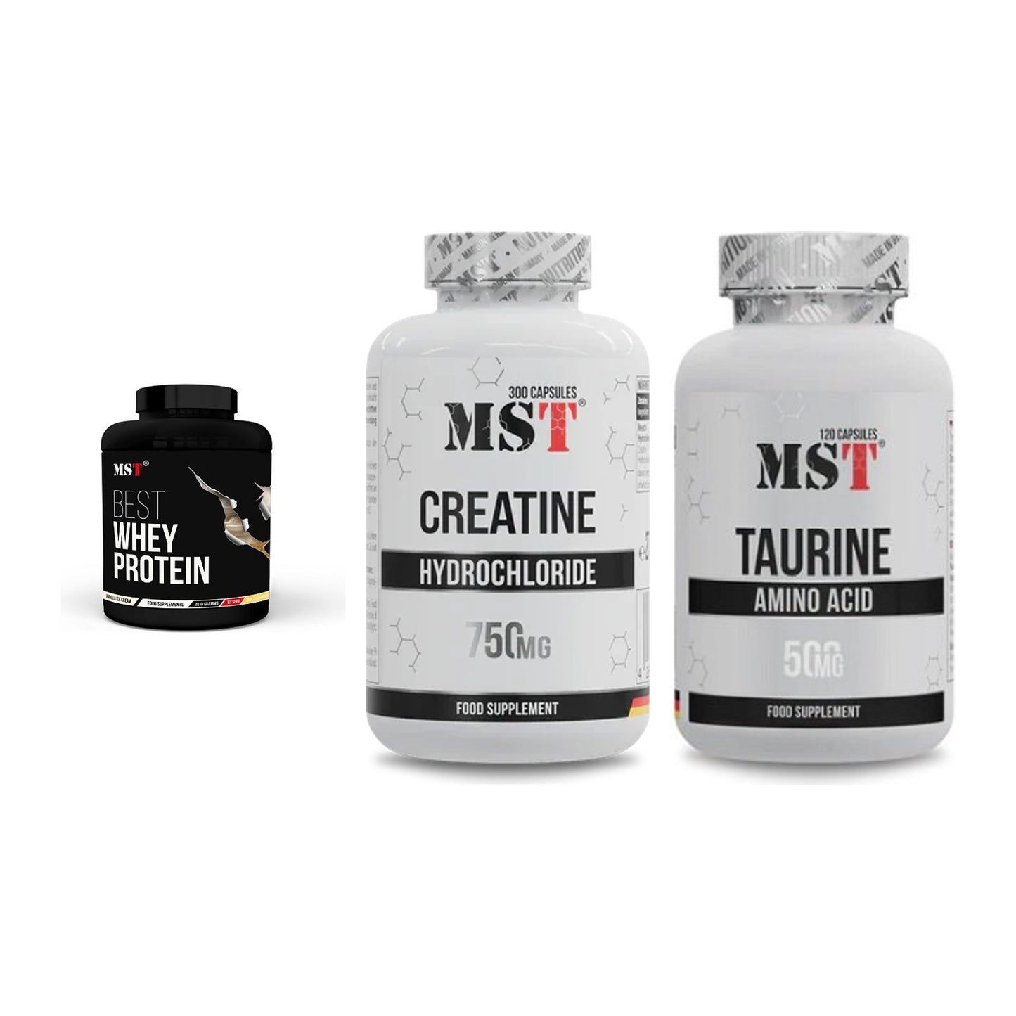 MST Marken-Trio: Best Whey Protein + Creatine HCL + Taurine – alle enthaltenen Artikel