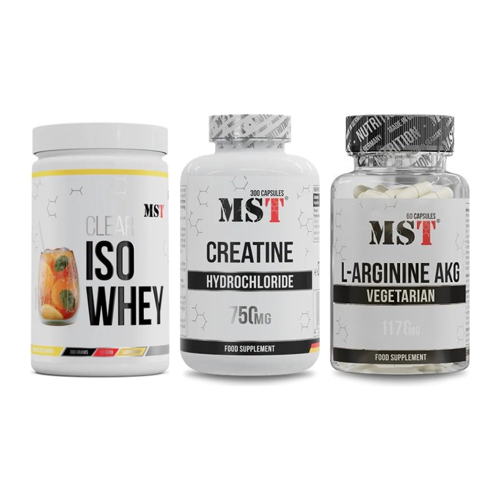 MST Marken-Trio: Iso Clear + Creatine HCL + Arginin AAKG 1178mg – alle enthaltenen Artikel