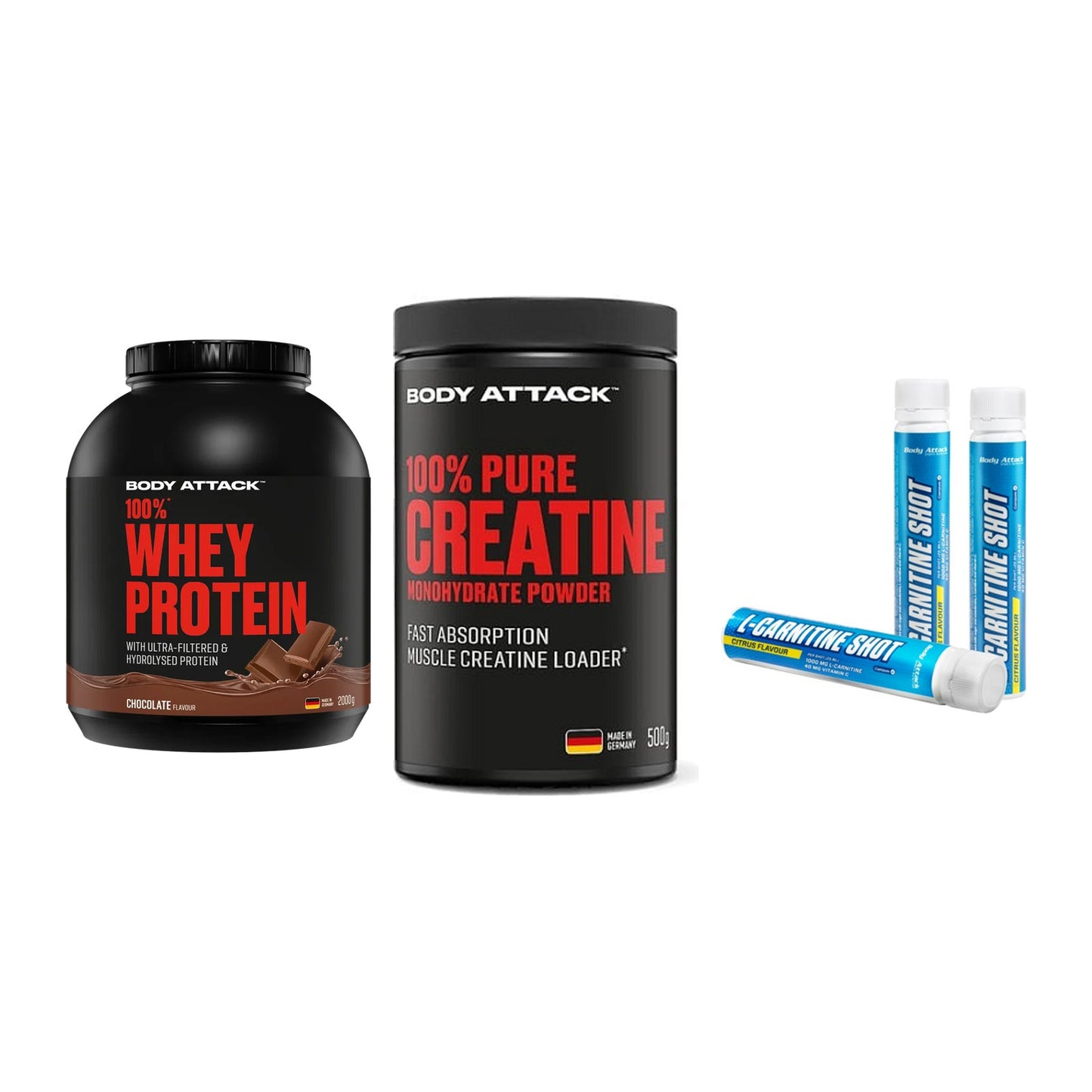 Body Attack Marken-Trio: Attack 100% Whey Protein + 2 weitere – alle enthaltenen Artikel