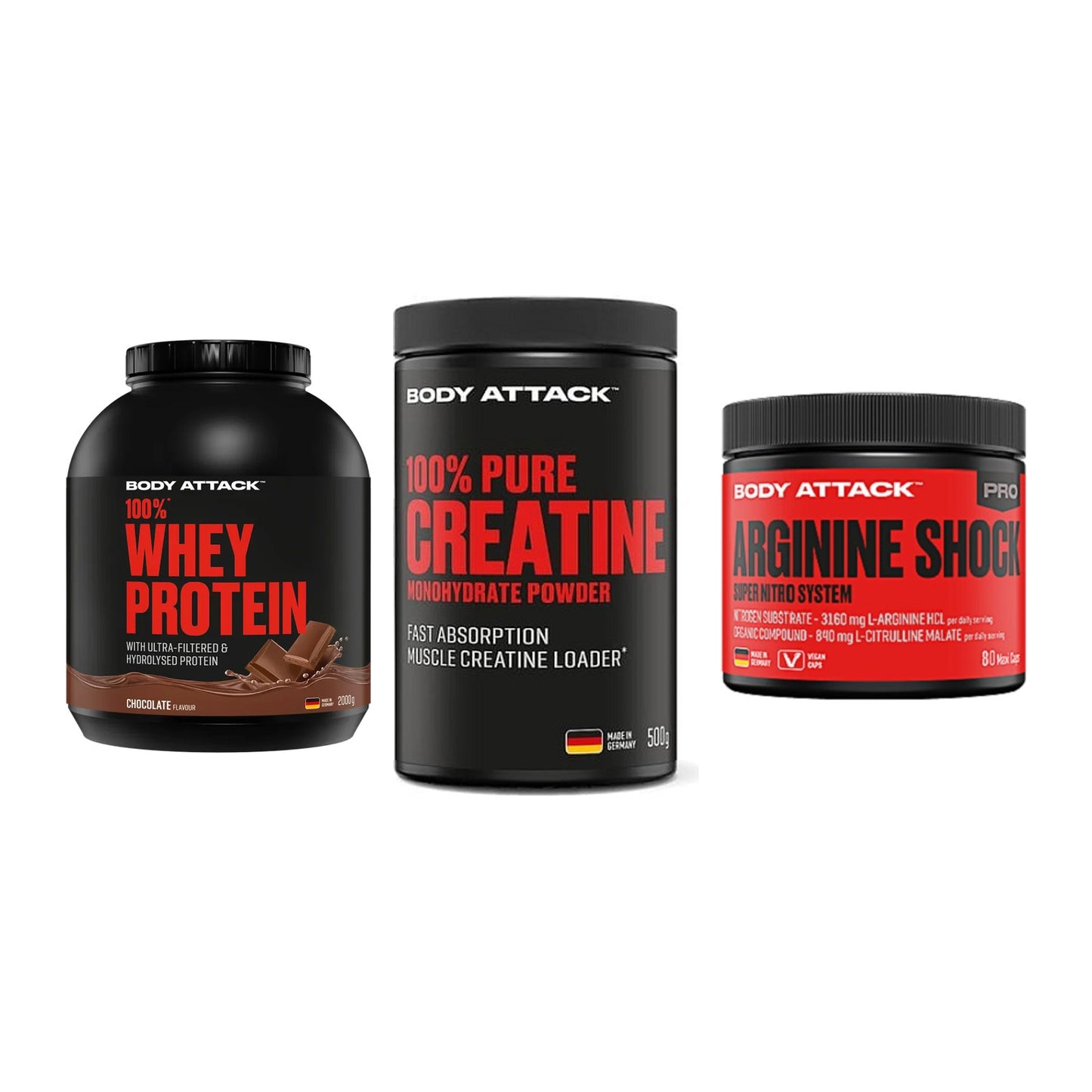 Body Attack Marken-Trio: Attack 100% Whey Protein + 2 weitere – alle enthaltenen Artikel