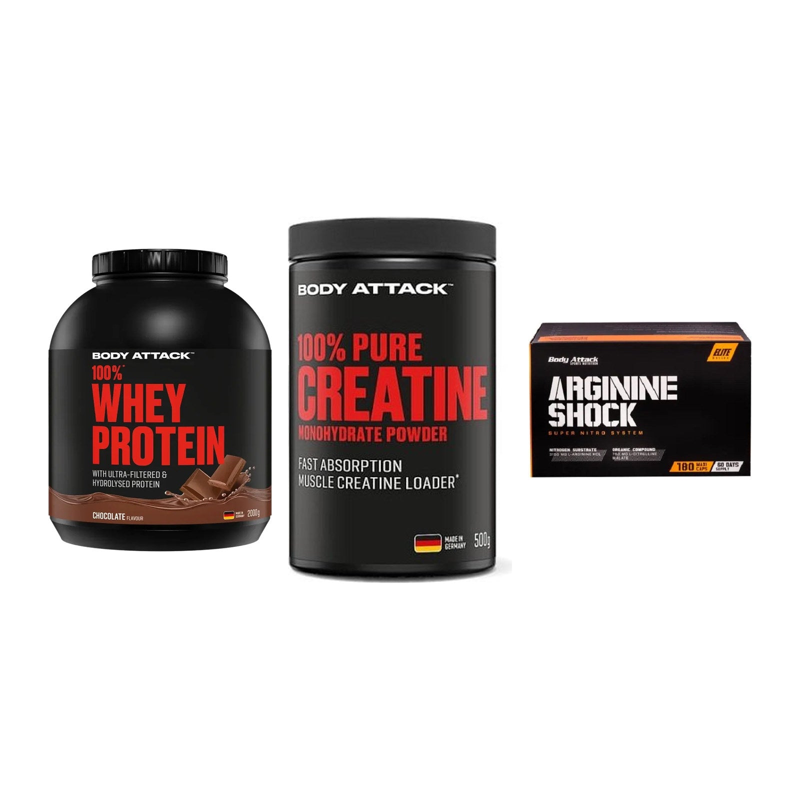 Body Attack Marken-Trio: Attack 100% Whey Protein 2000g + 2 weitere – alle enthaltenen Artikel