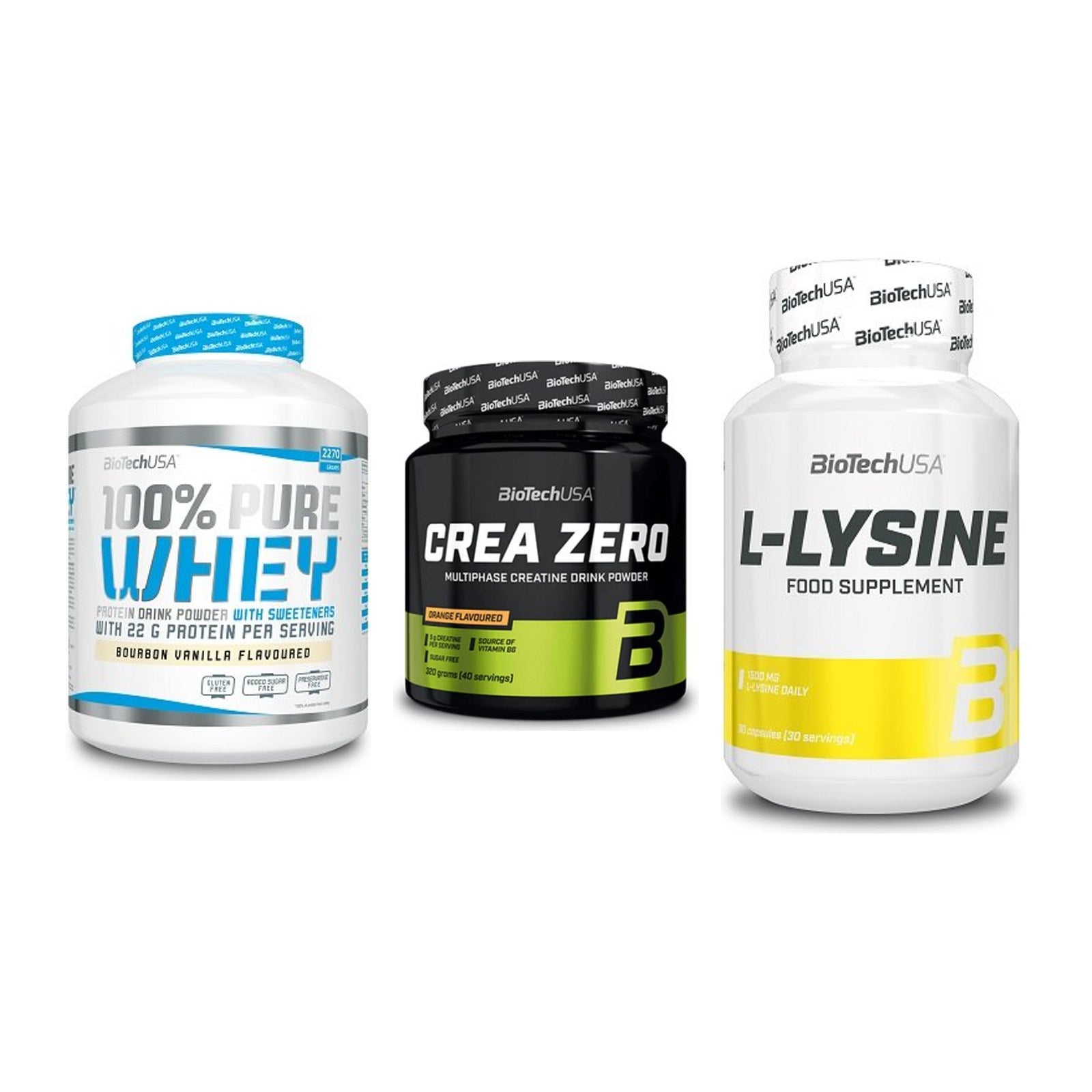 BioTech USA Marken-Trio: 100% Pure + Crea Zero + L-Lysine – alle enthaltenen Artikel