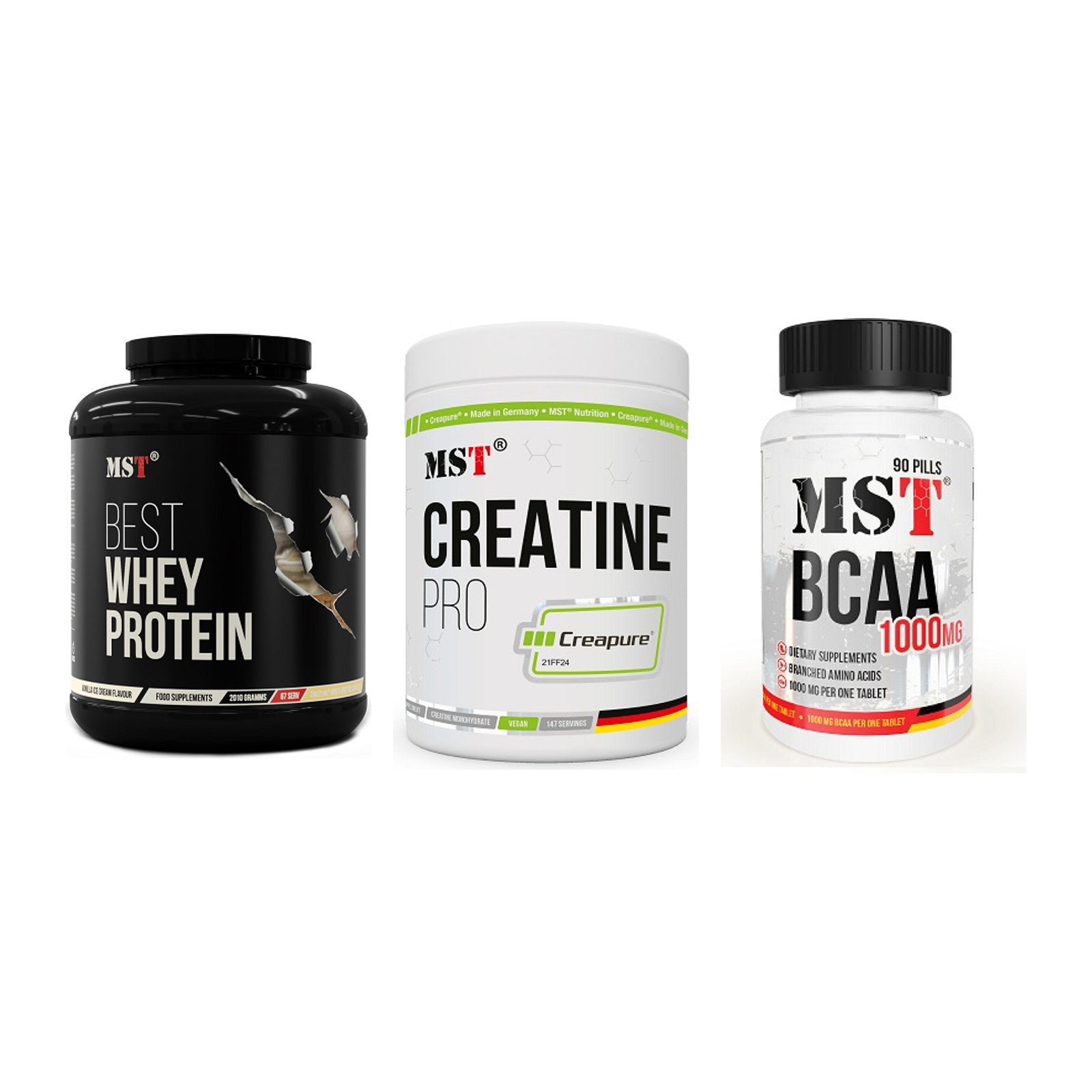MST Marken-Trio: Best Whey + Creatin Pro + BCAA 1000 (90 – alle enthaltenen Artikel