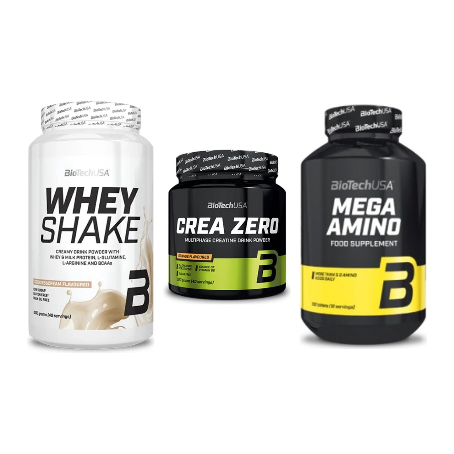 BioTech USA Marken-Trio: Whey Shake + Crea Zero + Mega Amino – alle enthaltenen Artikel