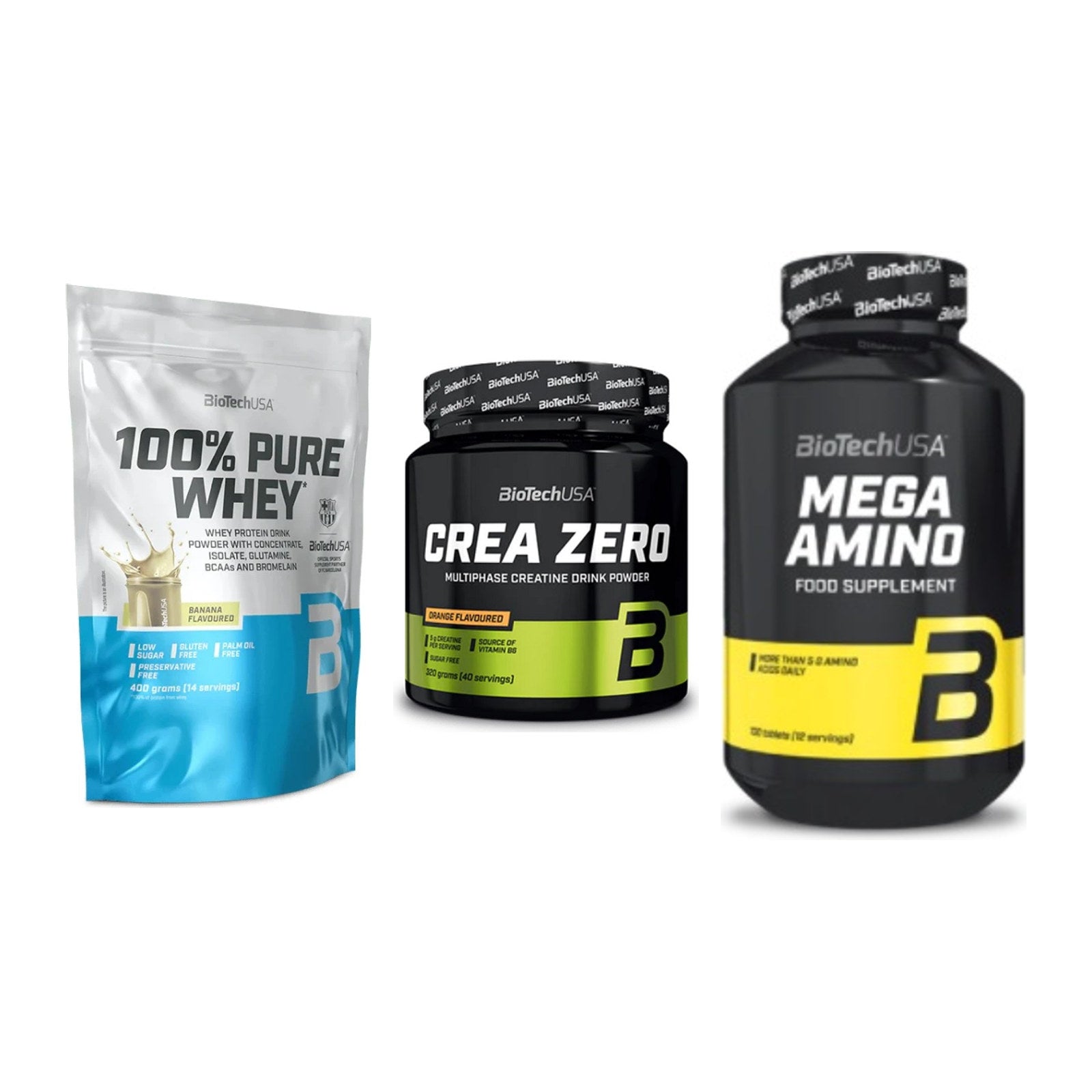 BioTech USA Marken-Trio: 100% Pure Whey + Crea Zero + Mega Amino – alle enthaltenen Artikel