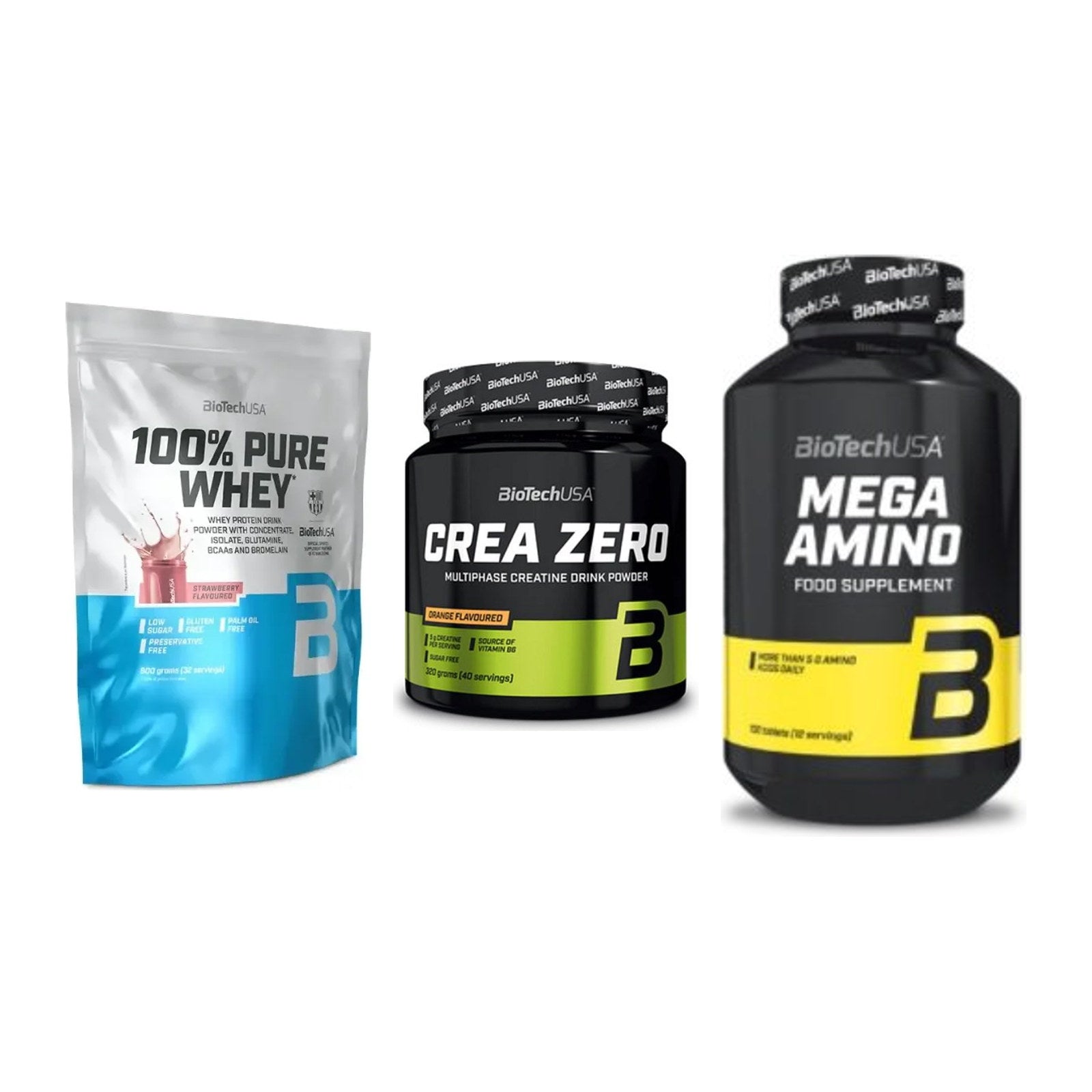 BioTech USA Marken-Trio: 100% Pure Whey + Crea Zero + Mega Amino – alle enthaltenen Artikel