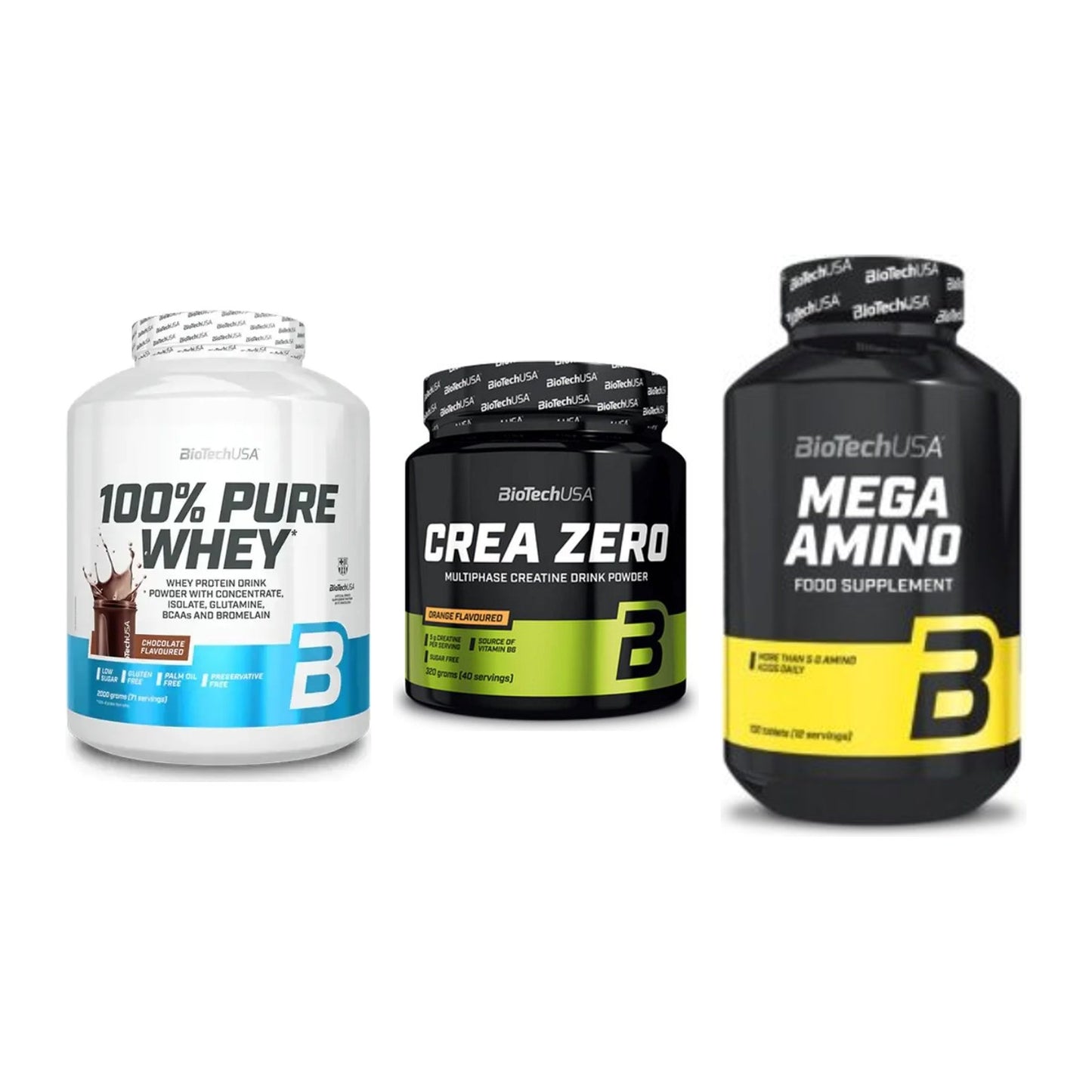 BioTech USA Marken-Trio: 100% Pure + Crea Zero + Mega Amino – alle enthaltenen Artikel