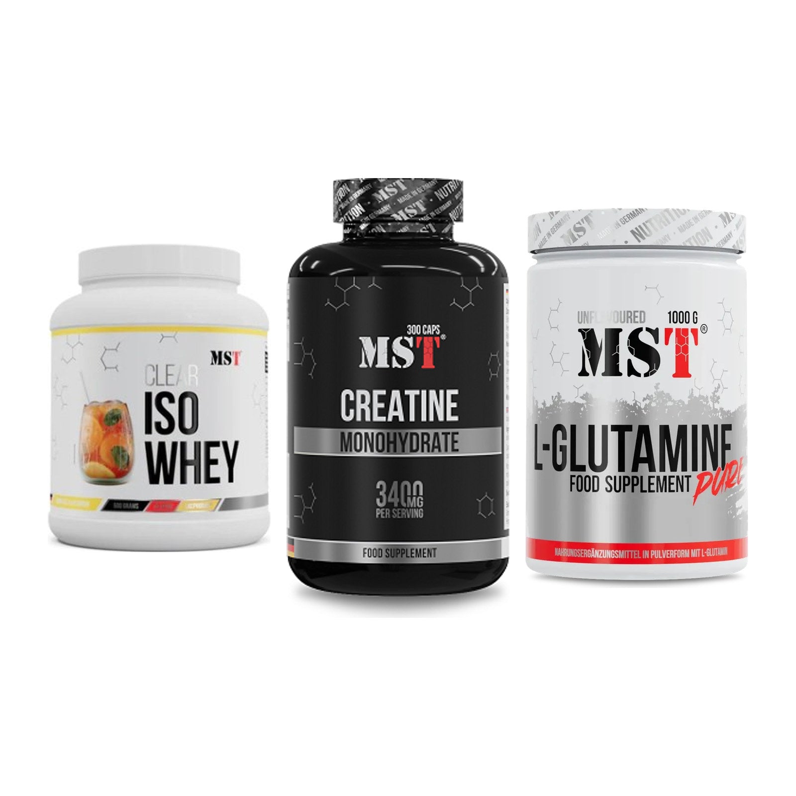 MST Marken-Trio: Iso Clear + Creatine Monohydrate + Glutamine – alle enthaltenen Artikel