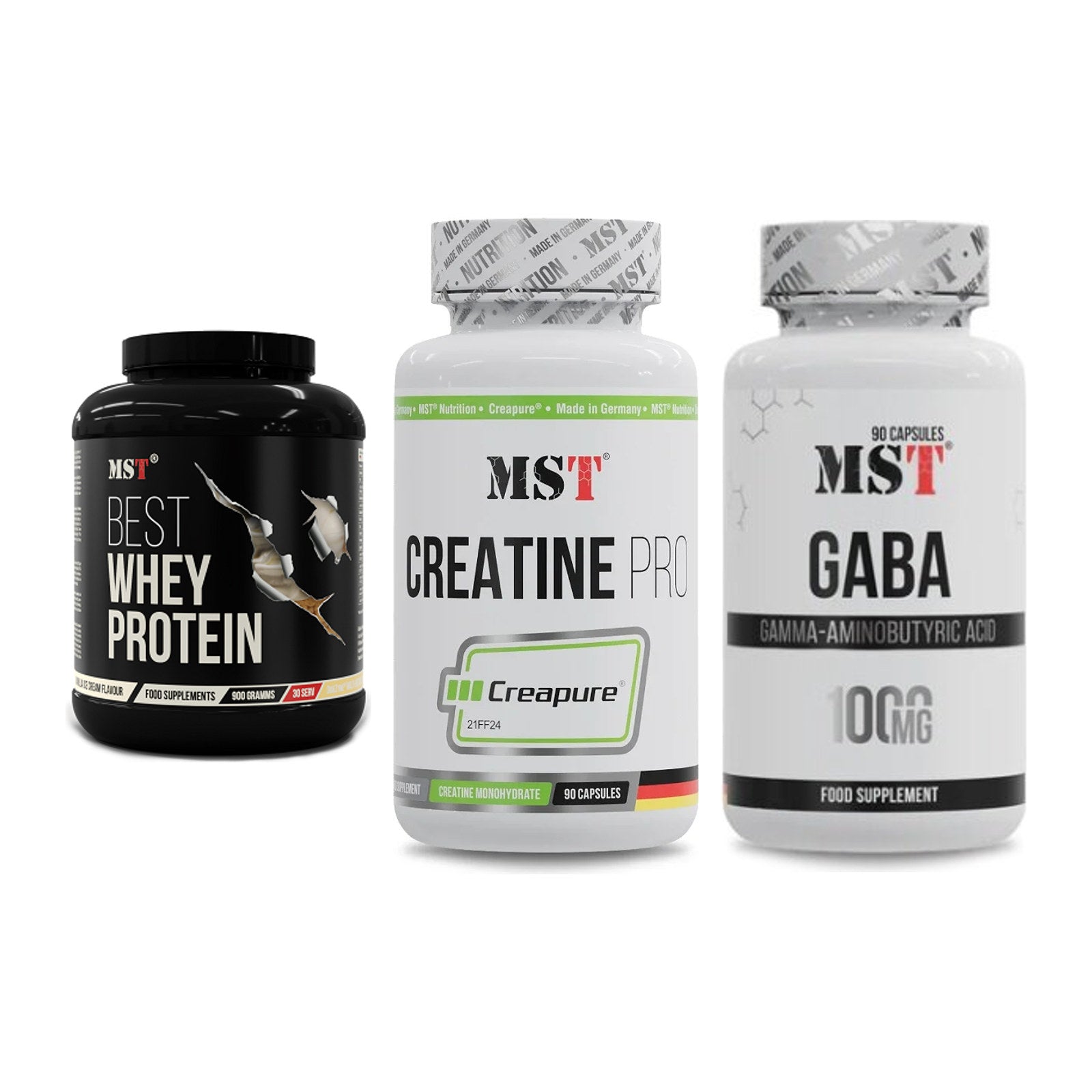 MST Marken-Trio: Best Whey + Creatine Pro + GABA 1000mg – alle enthaltenen Artikel