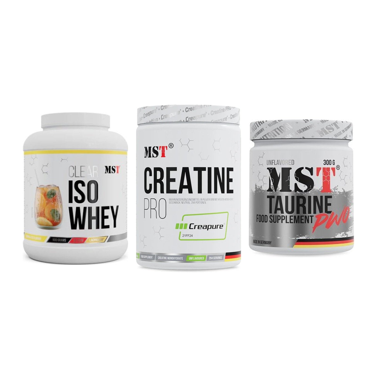 MST Marken-Trio: Iso Clear 900g + Creatin Pro + Taurine – alle enthaltenen Artikel