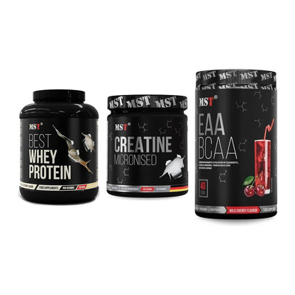 MST Marken-Trio: Best Whey Protein + Creatin Monohydrate + EAA & BCAA – alle enthaltenen Artikel