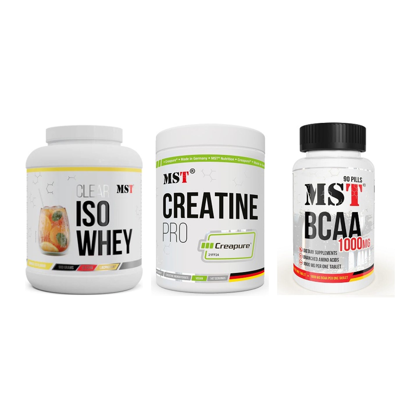 MST Marken-Trio: Iso Clear + Creatin Pro + BCAA 1000 (90 – alle enthaltenen Artikel