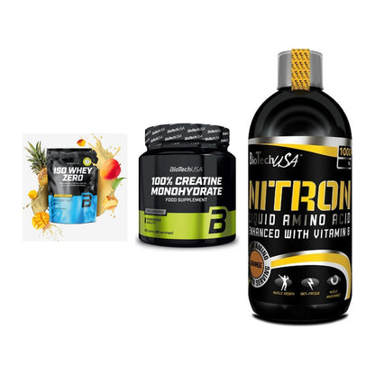 BioTech USA Marken-Trio: Iso Whey Zero + Creatine + Liquid Amino – alle enthaltenen Artikel