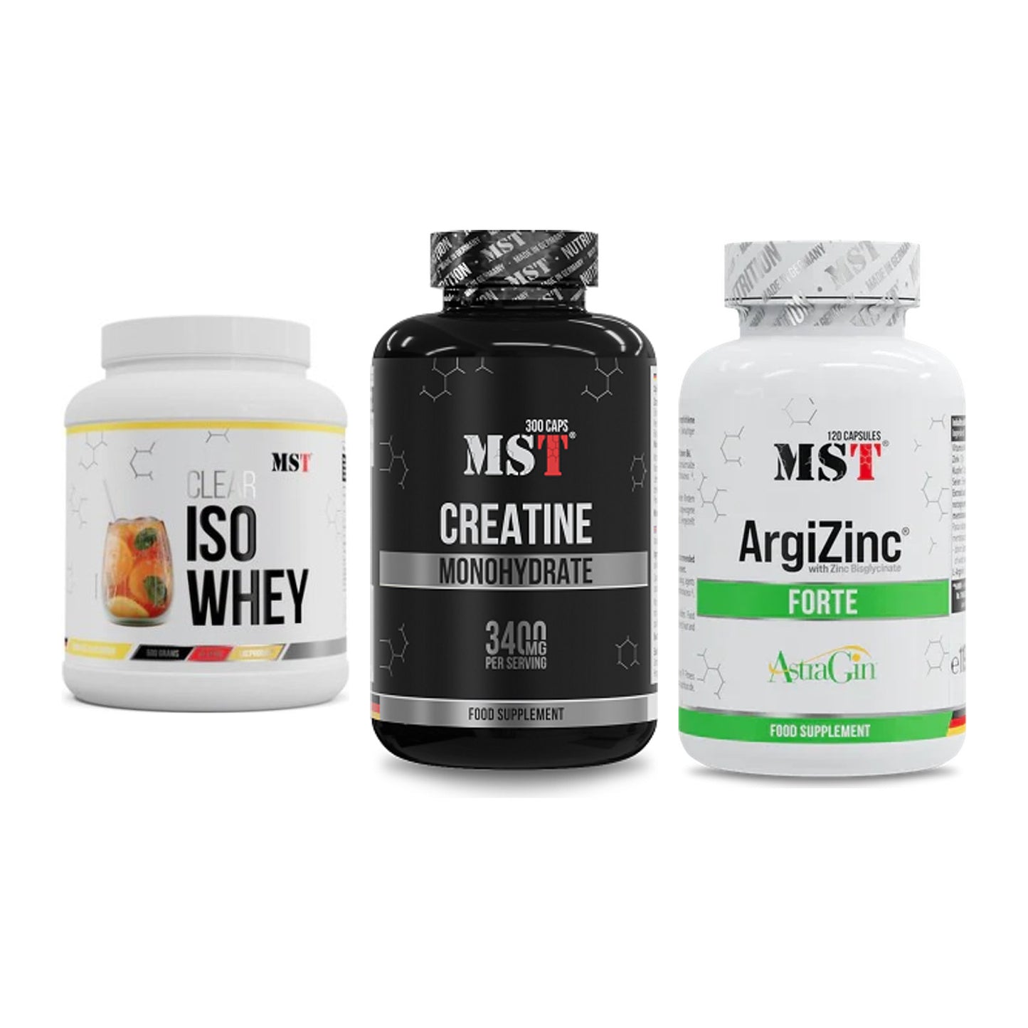 MST Marken-Trio: Iso Clear + Creatine Monohydrate + ArgiZinc Forte – alle enthaltenen Artikel