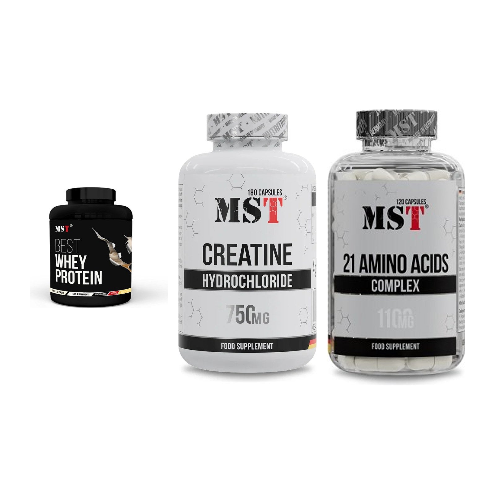 MST Marken-Trio: Best Whey Protein + Creatine HCL + 21 Amino Acids – alle enthaltenen Artikel