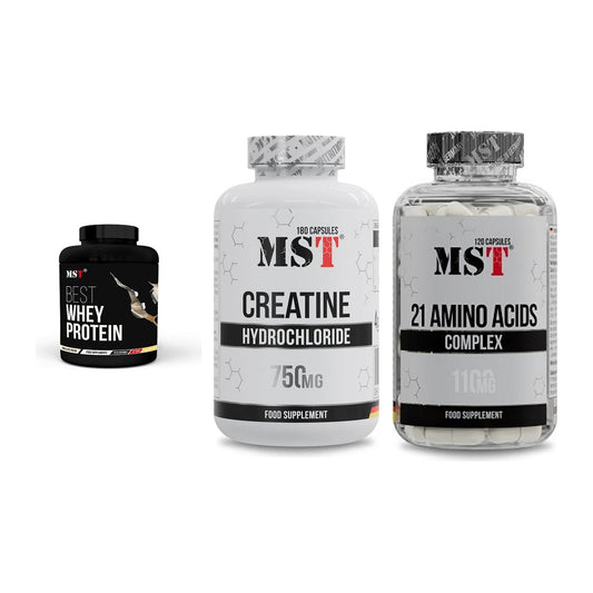 MST Marken-Trio: Best Whey Protein + Creatine HCL + 21 Amino Acids – alle enthaltenen Artikel