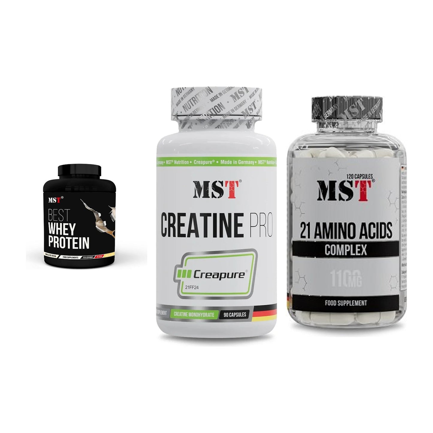 MST Marken-Trio: Best Whey + Creatine Pro + 21 Amino Acids – alle enthaltenen Artikel