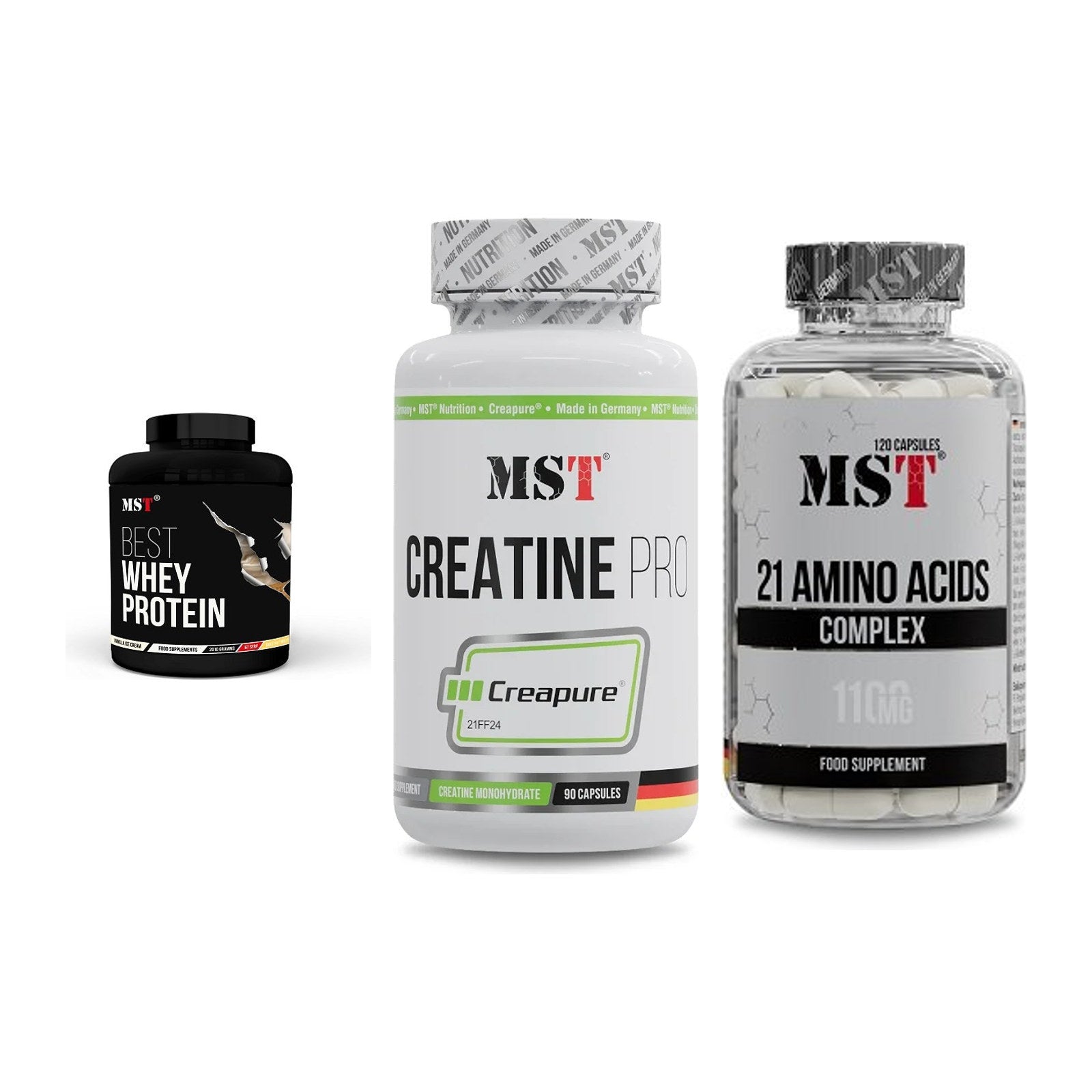 MST Marken-Trio: Best Whey + Creatine Pro + 21 Amino Acids – alle enthaltenen Artikel
