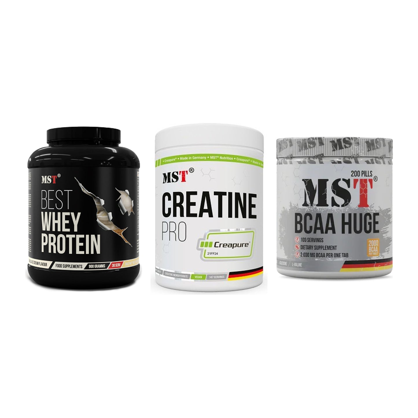 MST Marken-Trio: Best Whey + Creatin Pro + BCAA Huge 200 – alle enthaltenen Artikel