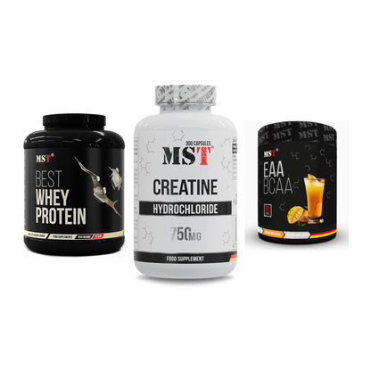 MST Marken-Trio: Best Whey Protein + Creatine HCL + EAA & BCAA – alle enthaltenen Artikel