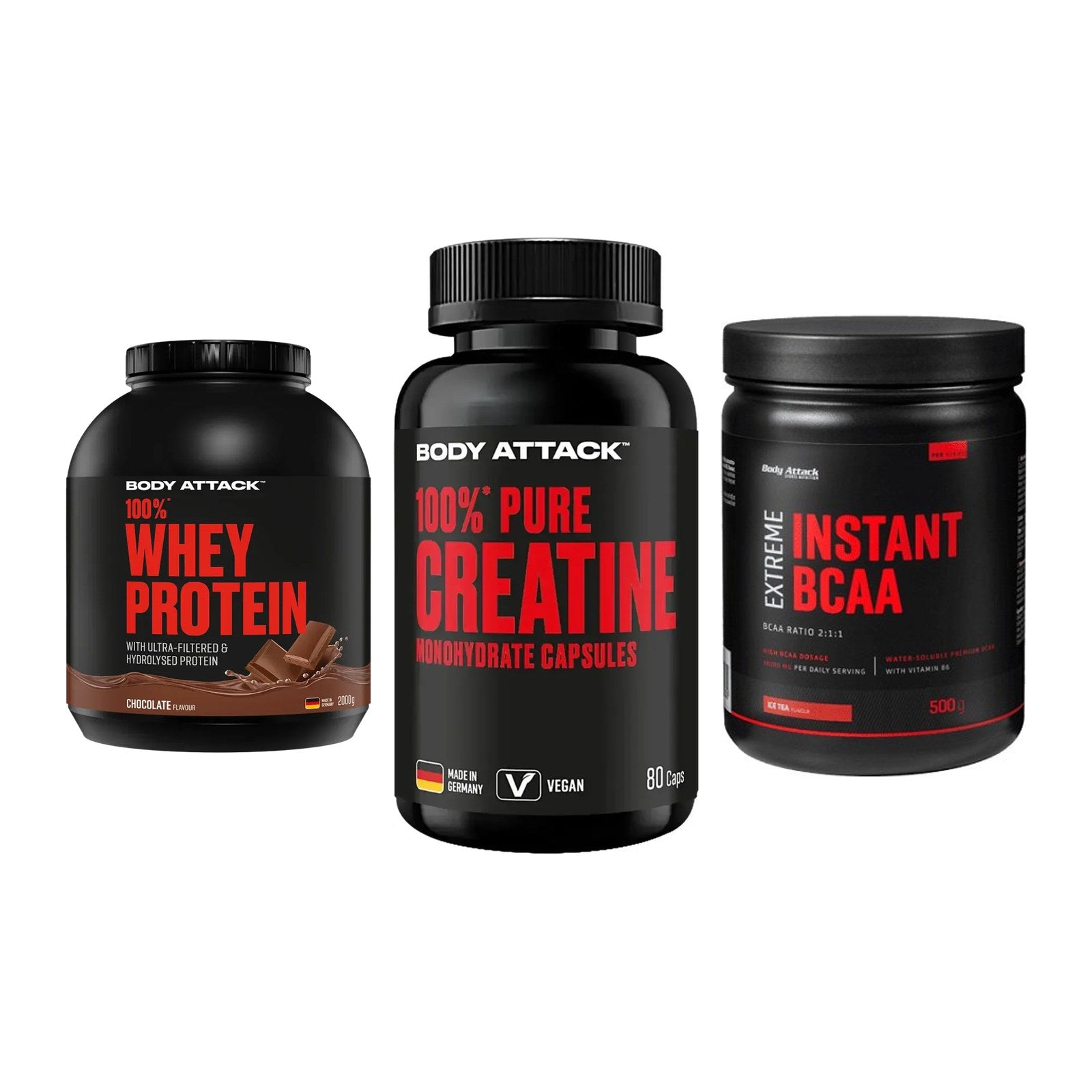 Body Attack Marken-Trio: Attack 100% Whey Protein 2000g + 2 weitere – alle enthaltenen Artikel