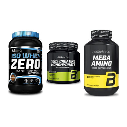 BioTech USA Marken-Trio: Iso Whey Zero + Creatine + Mega Amino – alle enthaltenen Artikel