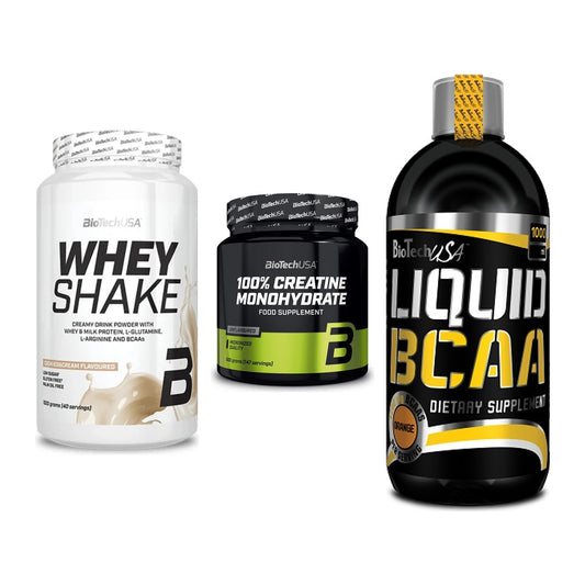 BioTech USA Marken-Trio: Whey Shake + Creatine + Liquid BCAA – alle enthaltenen Artikel