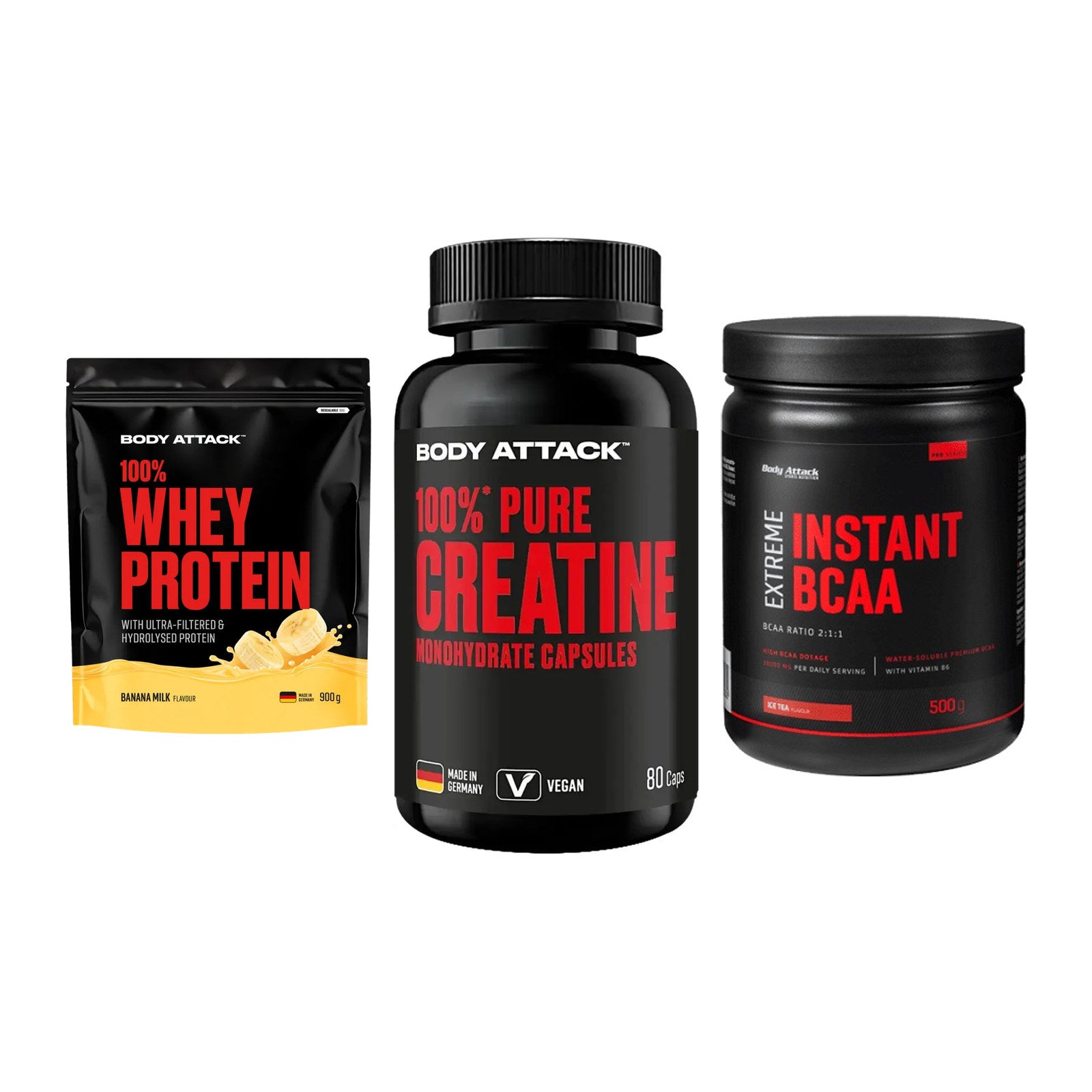 Body Attack Marken-Trio: Attack 100% Whey Protein + 2 weitere – alle enthaltenen Artikel