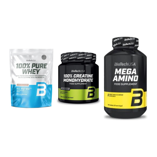 BioTech USA Marken-Trio: 100% Pure + Creatine + Mega Amino – alle enthaltenen Artikel