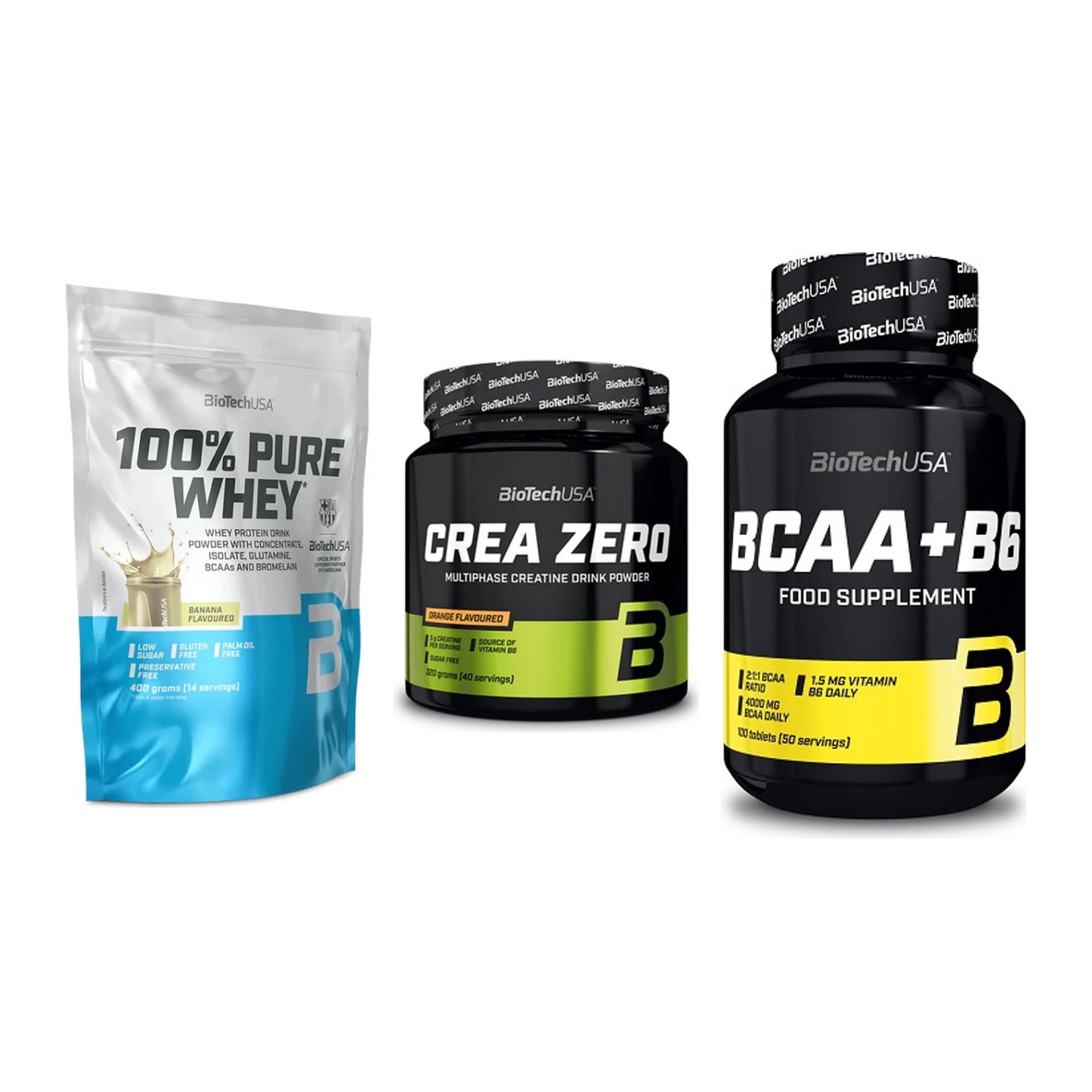 BioTech USA Marken-Trio: 100% Pure Whey + Crea Zero + BCAA+B6 100 Tabl – alle enthaltenen Artikel