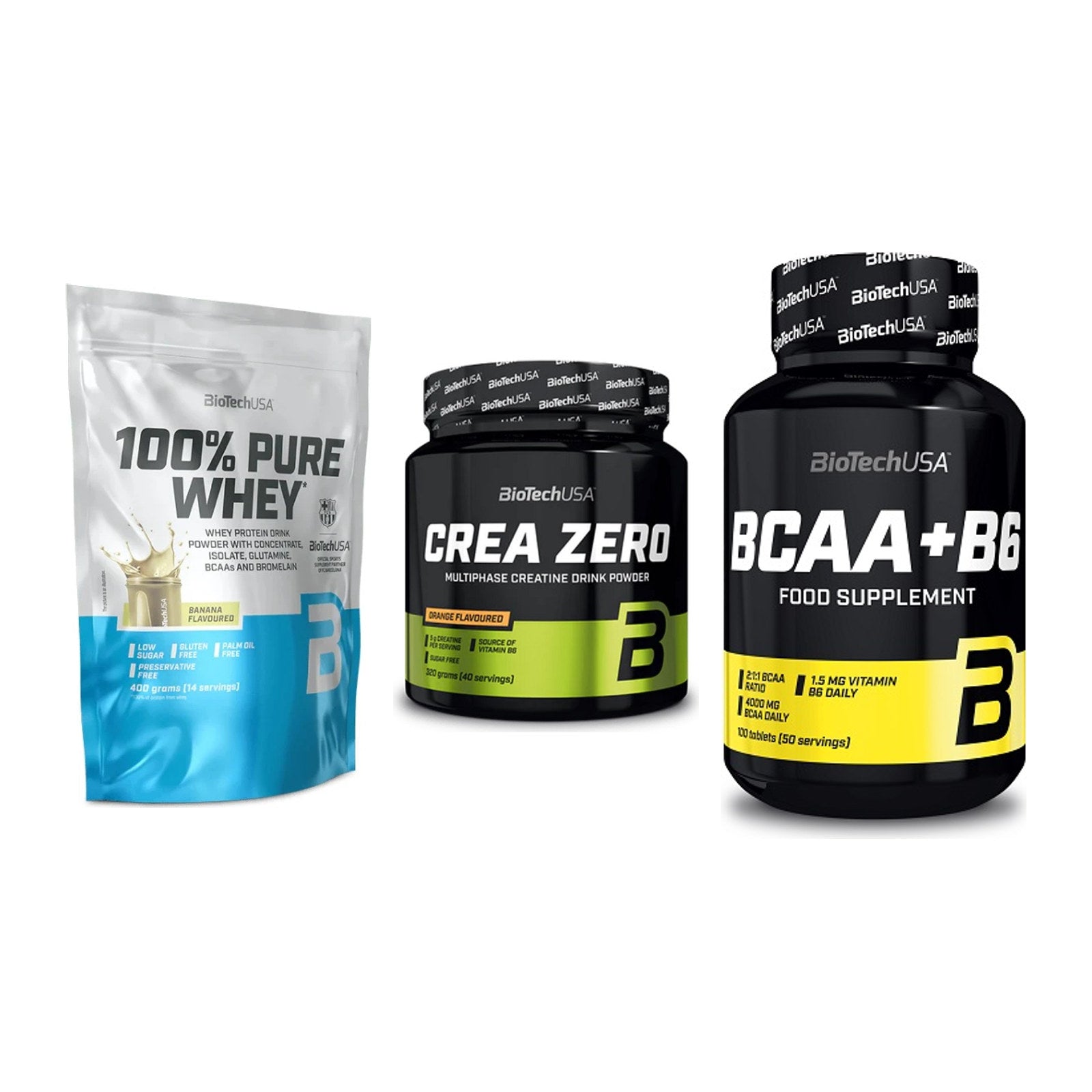 BioTech USA Marken-Trio: 100% Pure Whey + Crea Zero + BCAA+B6 100 Tabl – alle enthaltenen Artikel