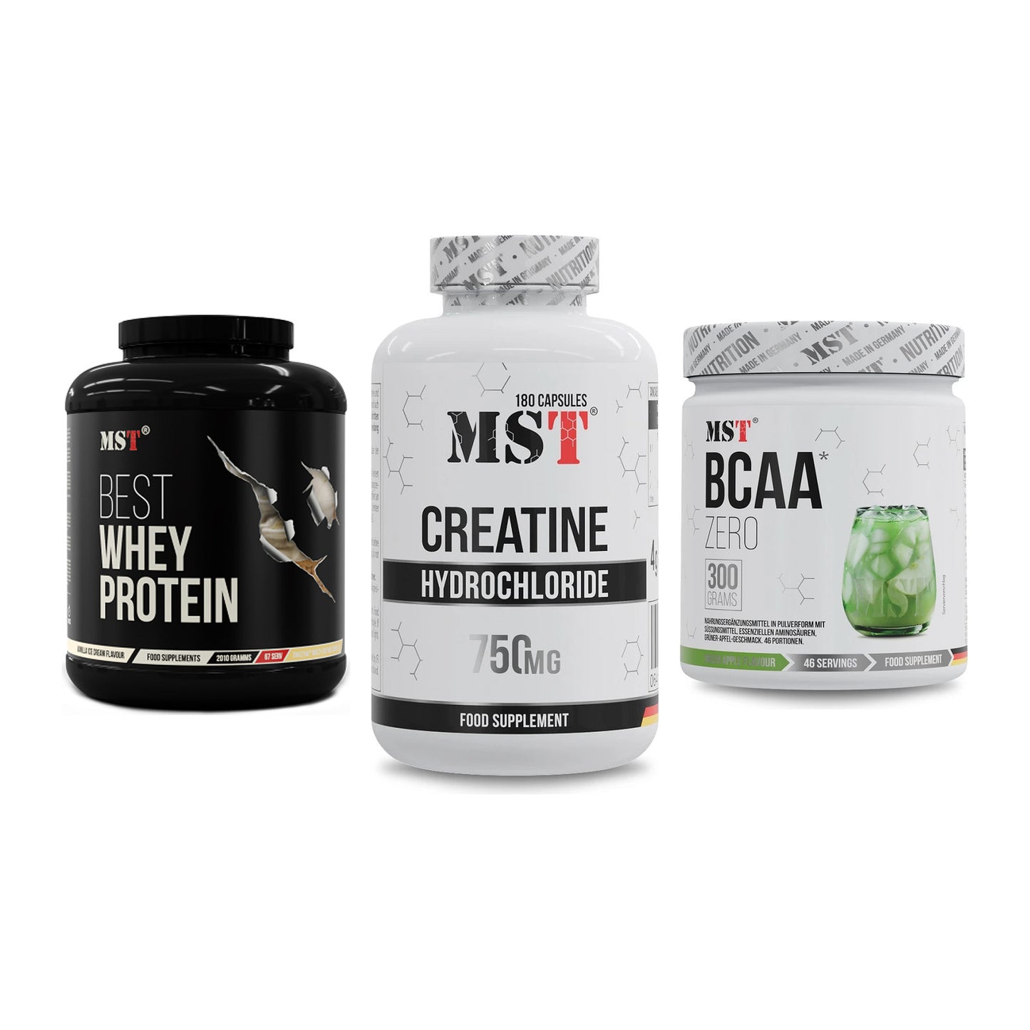 MST Marken-Trio: Best Whey Protein + Creatine HCL + BCAA Zero – alle enthaltenen Artikel