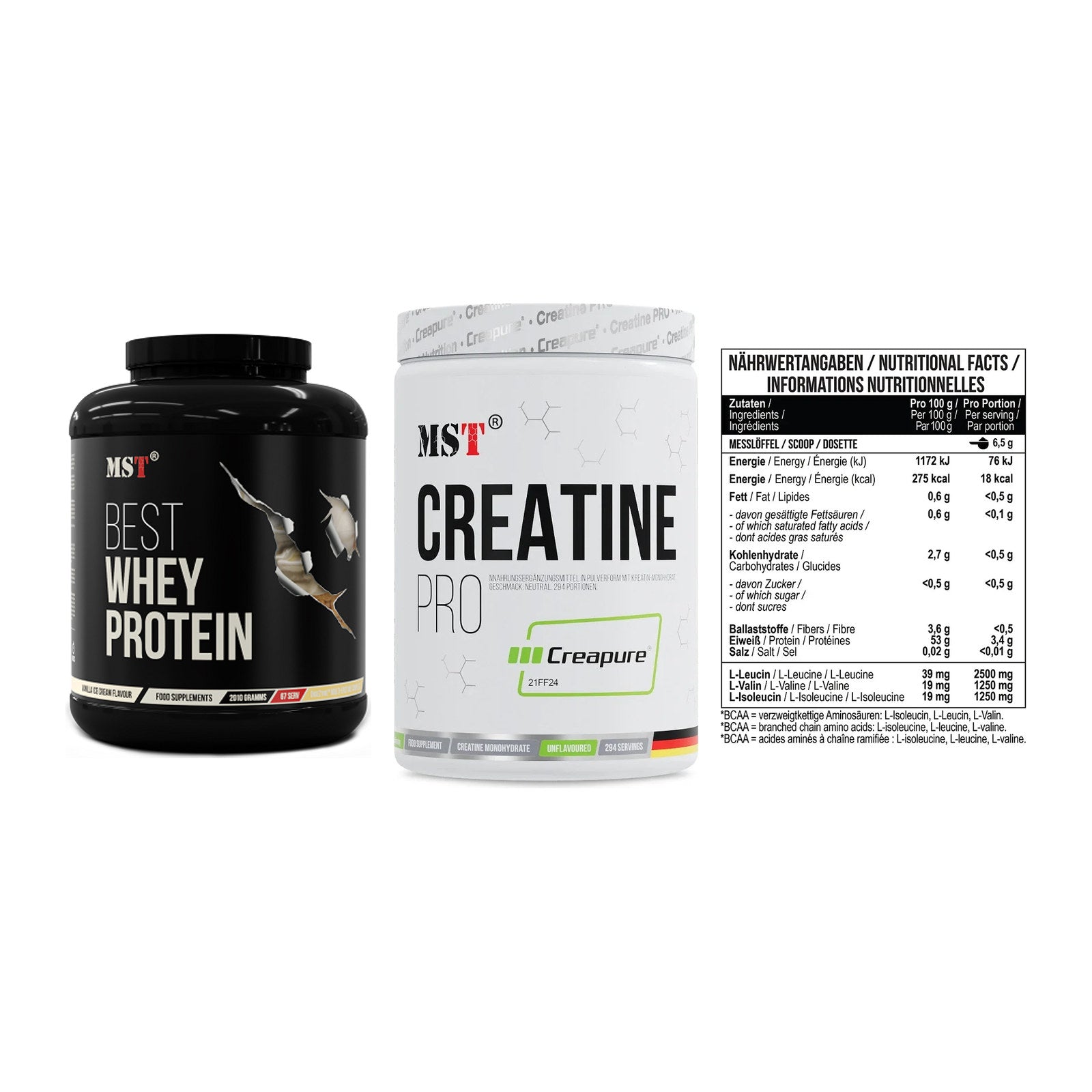 MST Marken-Trio: Best Whey + Creatin Pro + BCAA Zero 300g – alle enthaltenen Artikel