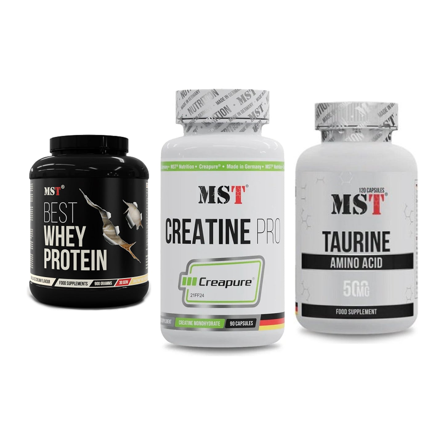 MST Marken-Trio: Best Whey Protein + Creatine Pro CREAPURE + Taurine – alle enthaltenen Artikel